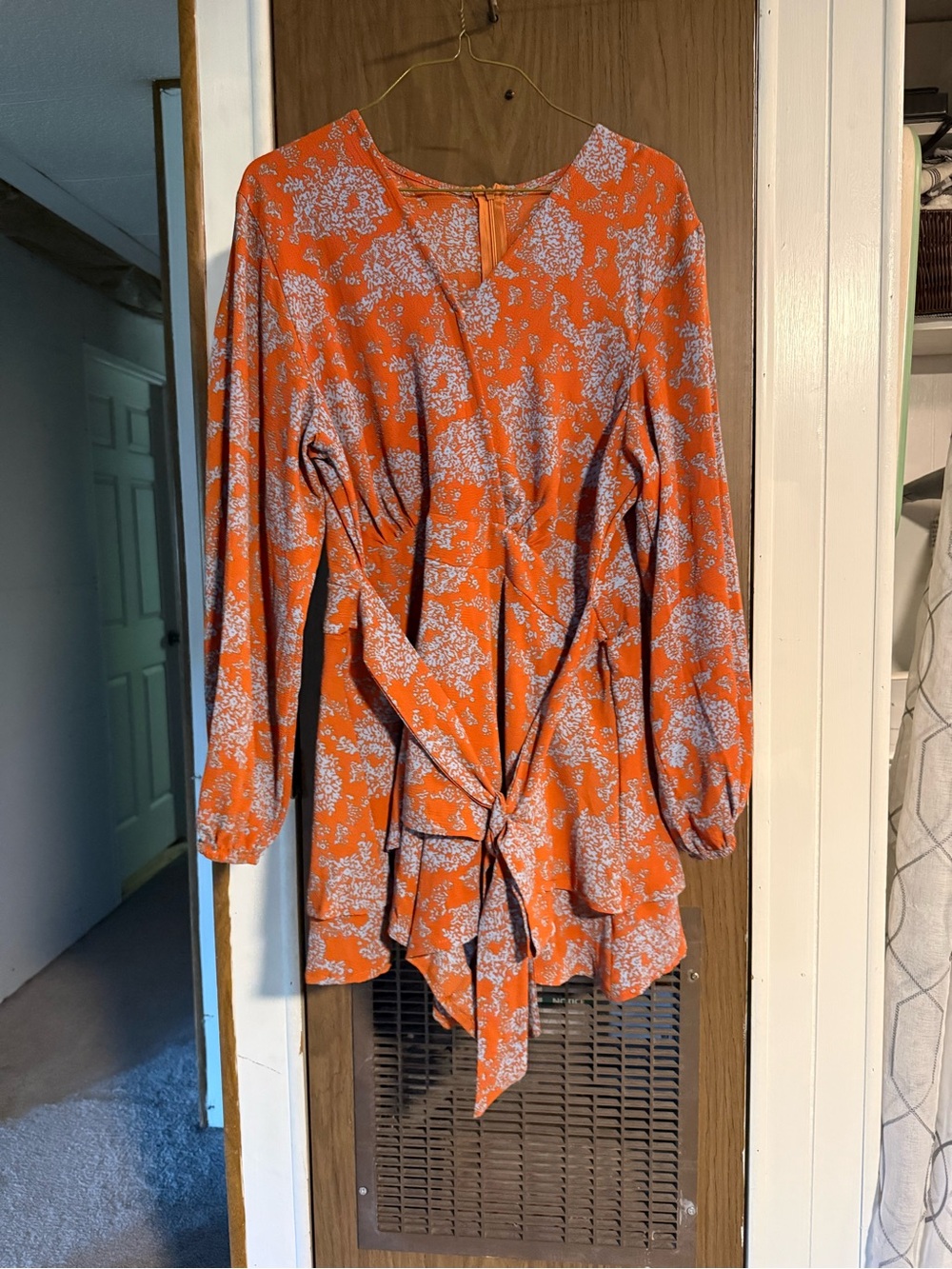 Orange Floral Tie-Waist Long Sleeve Romper